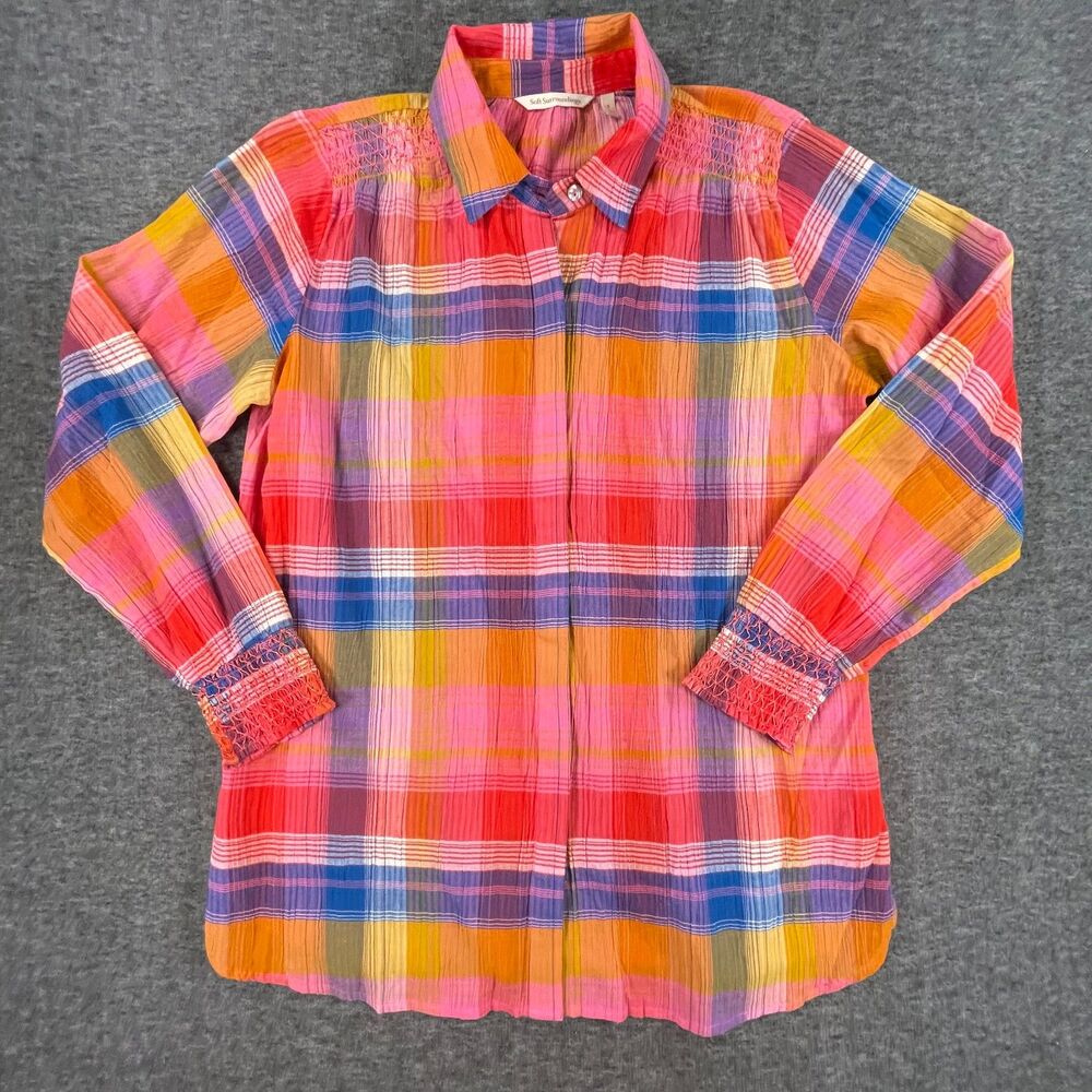 Soft Surroundings Sansonne Plaid Smocked Button Down Shirt Small Pink Cotton - Picture 7 of 10